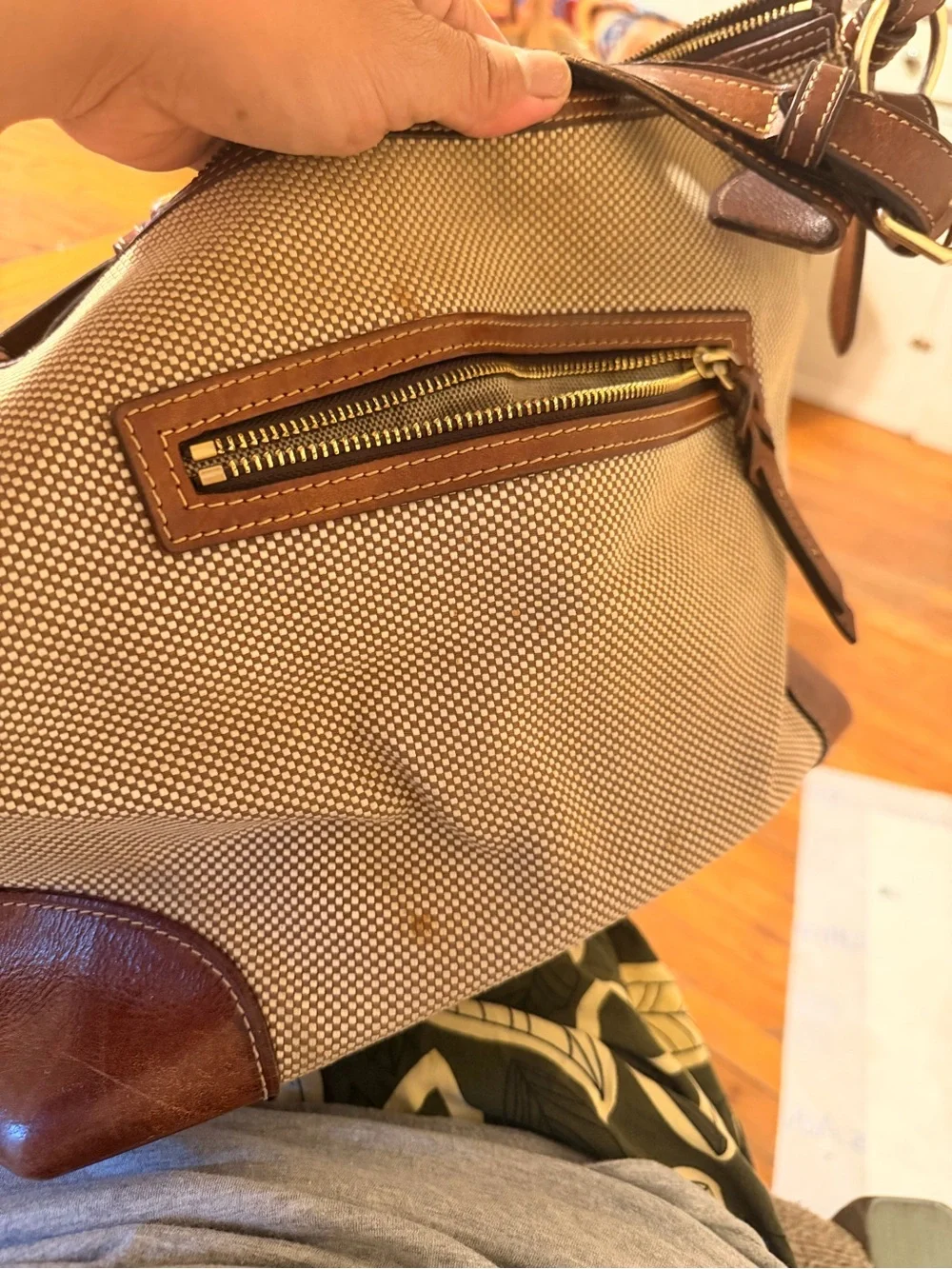 Dooney & Bourke Beige Canvas Shoulder Bag with Brown Leather Trim
